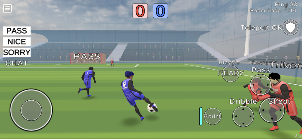 Third person view of a 3v3 soccer match in Unmatched EGO showing on screen controls and character action