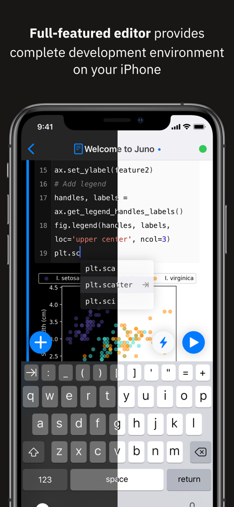 Juno Connect app on iPhone showing Python code editor and scatter plot with dark and light mode preview