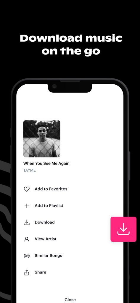 Interfaz de la aplicación móvil Soundstripe mostrando la función de descarga de música sobre la marcha para creadores digitales.