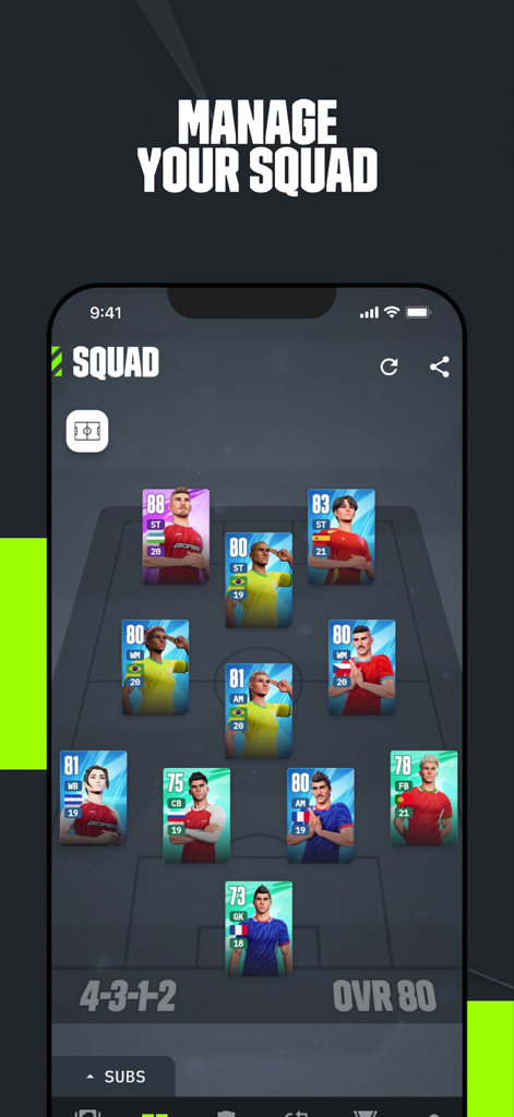 Lineup management screen in the GOALS Companion app showing a 4-3-1-2 football formation and player cards.