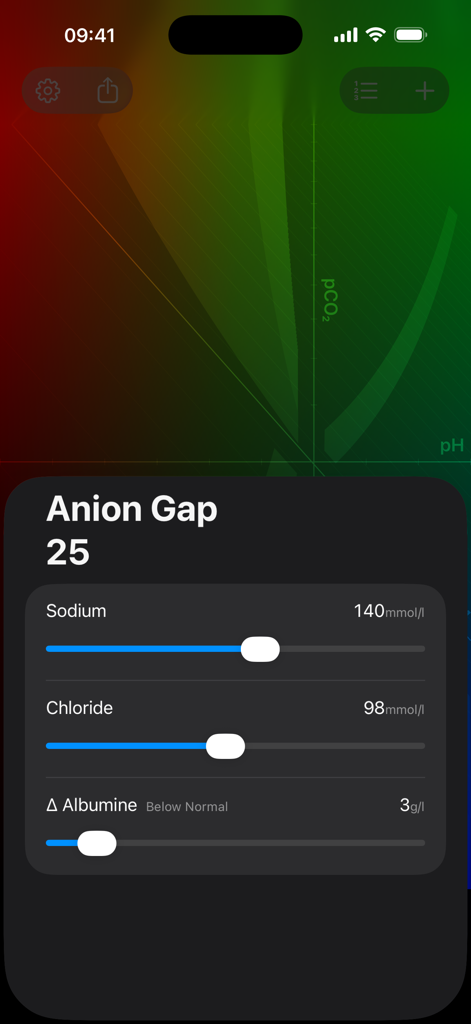 Blood pH - Interface of the Blood pH app showing an Anion Gap calculator with input sliders for clinical data.
