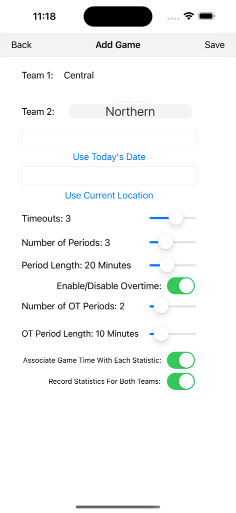 Schermata Aggiungi Partita nell'app Statistiche sull'hockey su ghiaccio che mostra le opzioni di configurazione per i nomi delle squadre, i periodi e le impostazioni degli overtime.