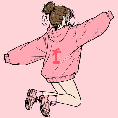 realistic girl jumping with a bun and oversized sweatshirt
