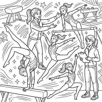Leap into the exciting world of gymnastics with this action-packed coloring page designed for teens. Featuring dedicated coaches guiding their talented athletes, it's a perfect blend of skill and artistry waiting for your colors.