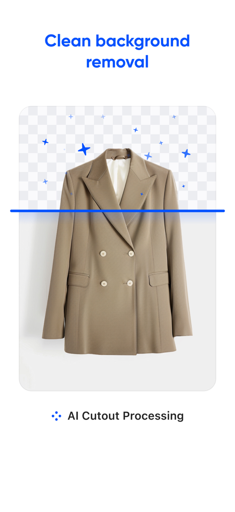 wikit -Easy Product Photo Edit - wikit アプリの AI 背景除去機能を示すブレザーの商品写真