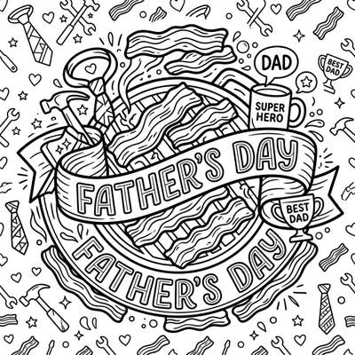 Show your appreciation for Dad with this delightful coloring page, blending savory bacon strips with classic Father's Day symbols. It's a perfect activity to celebrate your superhero father with creativity and fun.