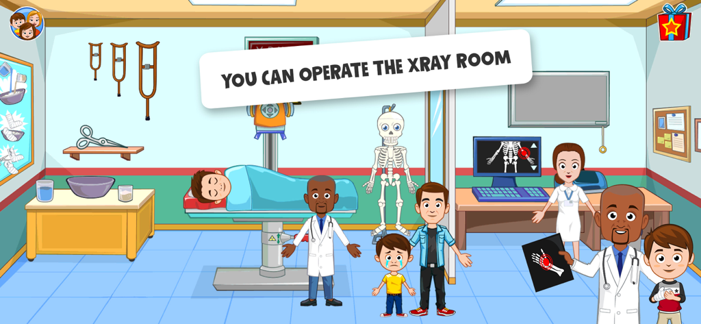 My Town Hospital: Doctor Games - Cartoon X-ray room in My Town Hospital game with doctors, nurses, and patients
