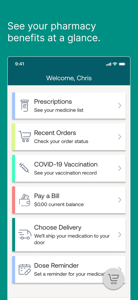 Tableau de bord de l'application mobile Express Scripts montrant les avantages de la pharmacie en un coup d'œil.