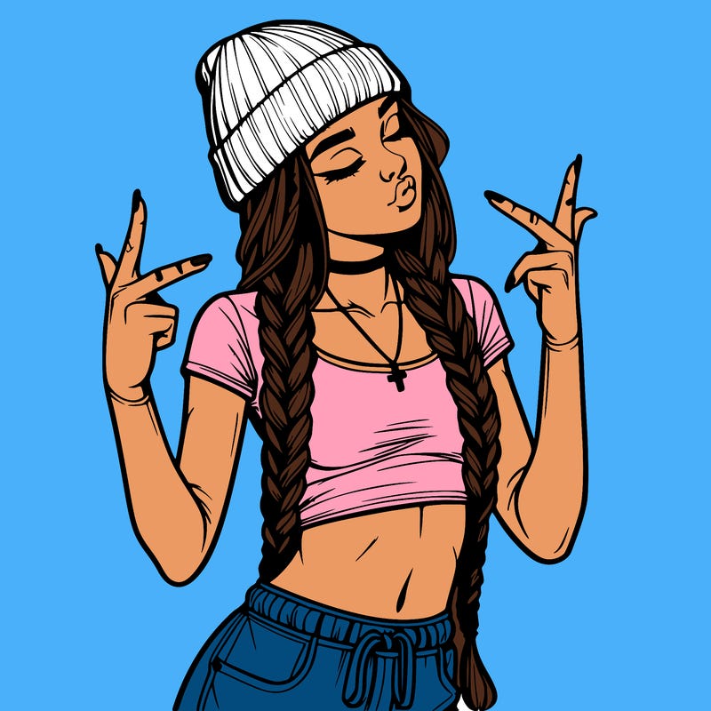 realistic teenage girl with braids and a beanie and crop top doing 🫶🏼