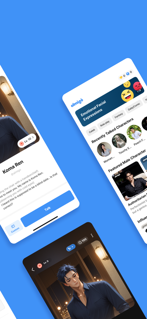 A collage of mobile screens from the Almigo AI app showcasing character profiles, interaction menus, and various roleplay categories.