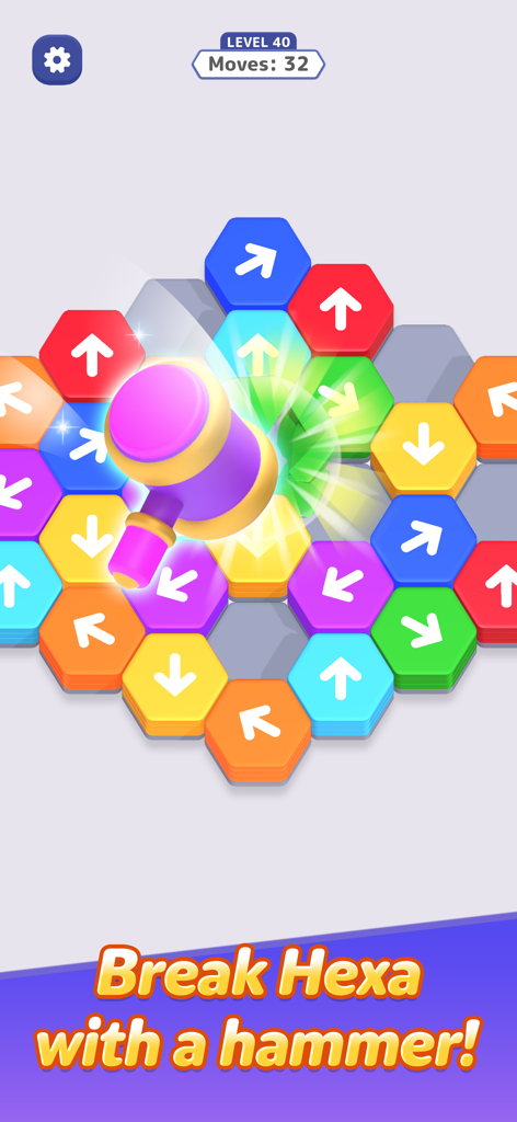 Hammer tool breaking a hexagonal puzzle piece in Hexa Away