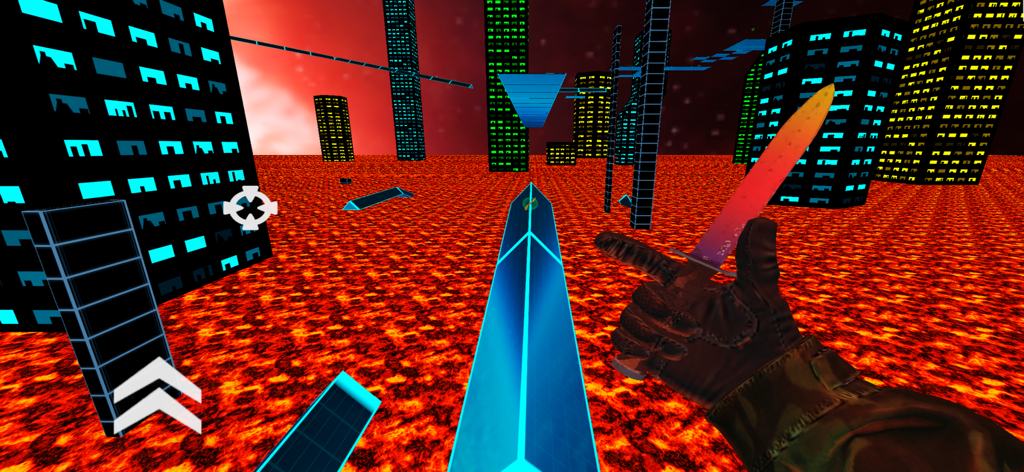 Vista en primera persona de un jugador surfeando en una rampa azul sobre lava mientras sostiene un cuchillo de combate en una ciudad cyberpunk