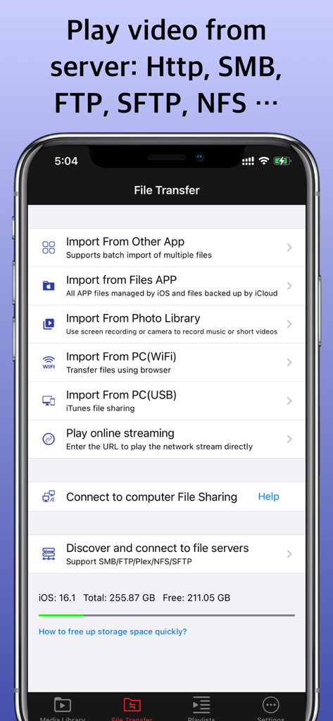 Fast Player app screen showing various file import and network server transfer options