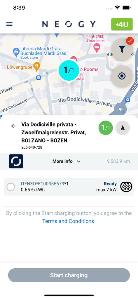 Map interface of Neogy Mobility app showing an EV charging station in Italy with start charging option