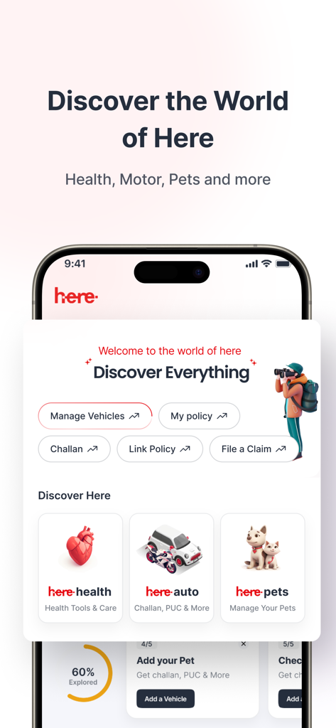 Here by HDFC ERGO - Home screen of the Here by HDFC ERGO app showing options for health auto and pet insurance management