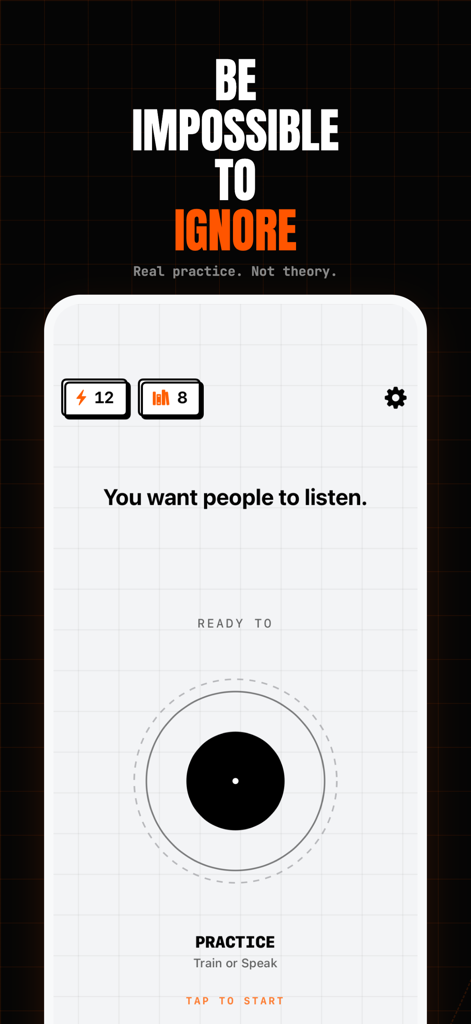 Charisma Lab: Speaking Coach - Charisma Lab app interface for speaking practice featuring the headline Be Impossible to Ignore.