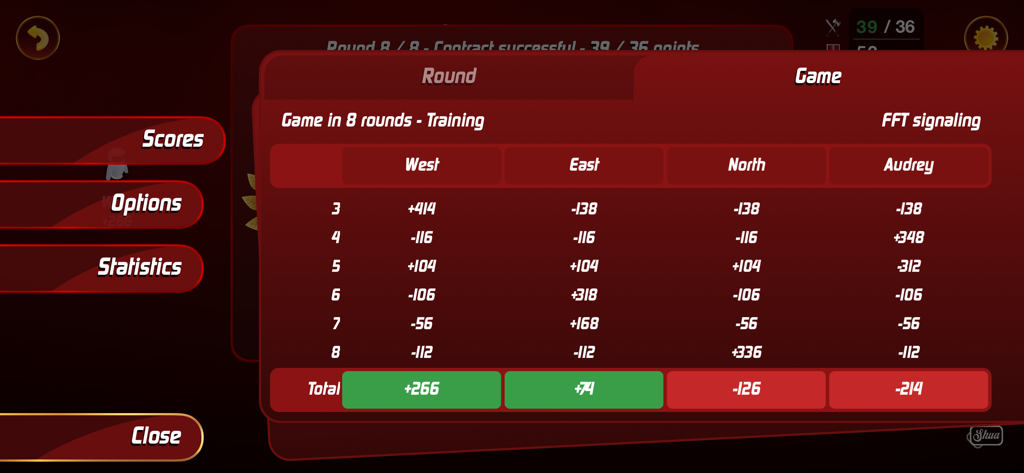 SHUA Jeu de Tarot 앱의 훈련 라운드 점수판 표시