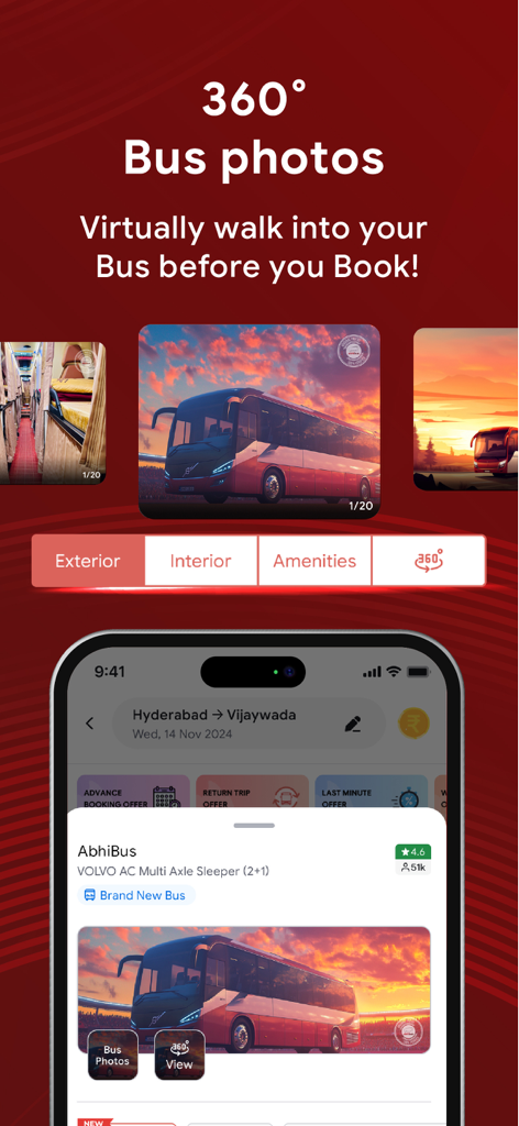 AbhiBus Bus Ticket Booking App - AbhiBus app showcasing 360 degree photos to virtually walk through a bus before booking