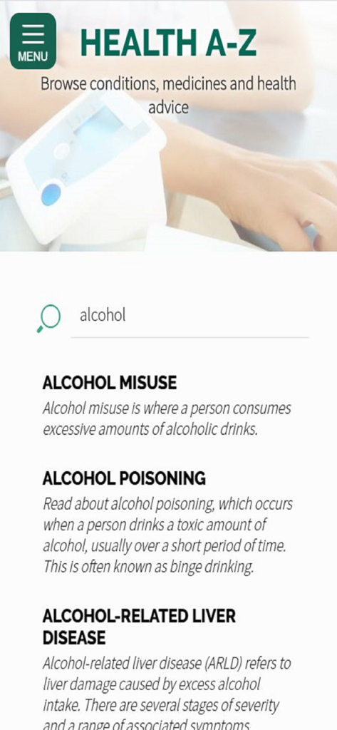 The Prescription App - Risultati della ricerca di condizioni relative all'alcol nella sezione Salute A-Z dell'app MyPrescriptions