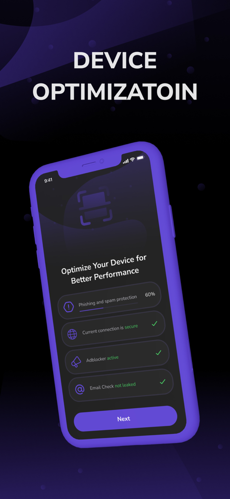 Viasa - Fast and Safe VPN - Interface of Viasa VPN showing device security optimization and protection features