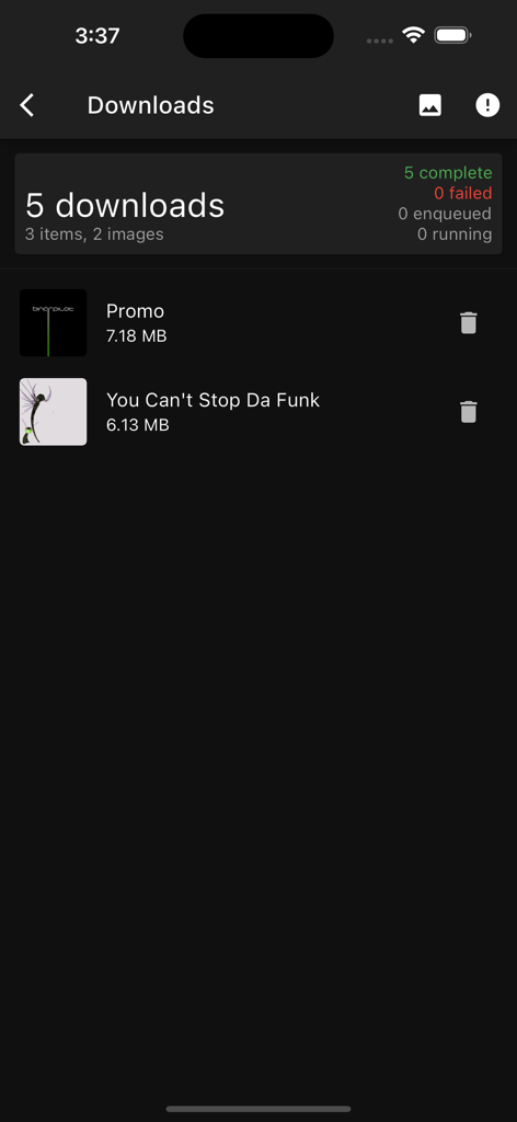 Pantalla de gestión de descargas en Finamp mostrando una lista de canciones guardadas para escuchar sin conexión.