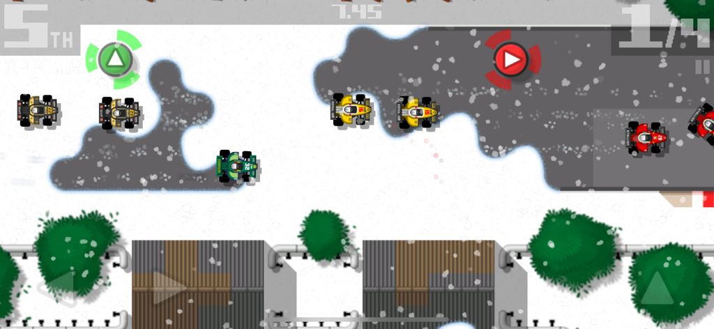 Retro Racing 2 - Top-Down-Ansicht von Autos auf einer verschneiten Strecke in Retro Racing 2