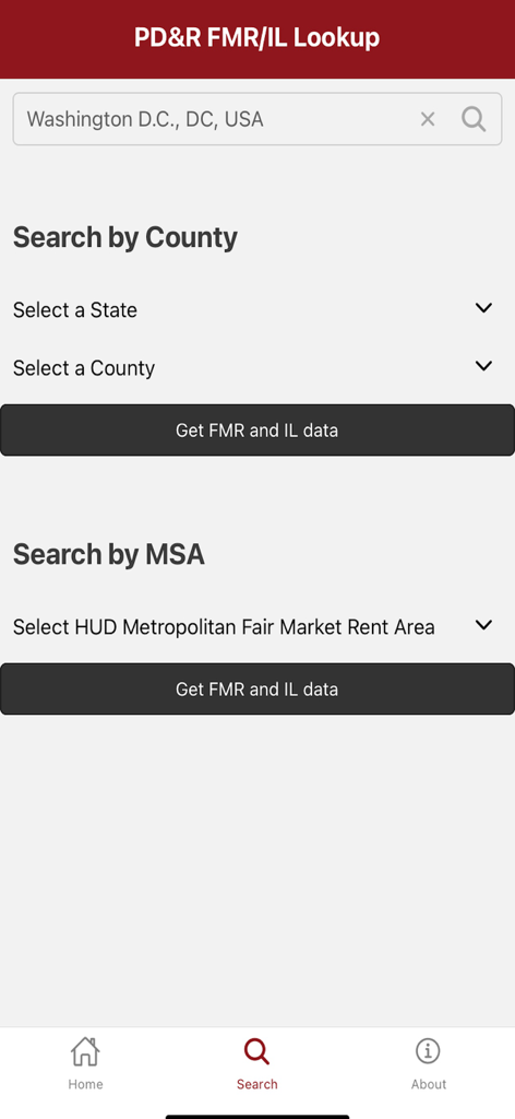 PD&R FMR/IL Lookup - Search interface for housing data by county or MSA in the PDR FMR IL Lookup app