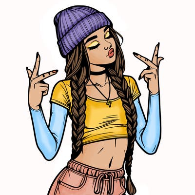 realistic teenage girl with braids and a beanie and crop top doing 🫶🏼