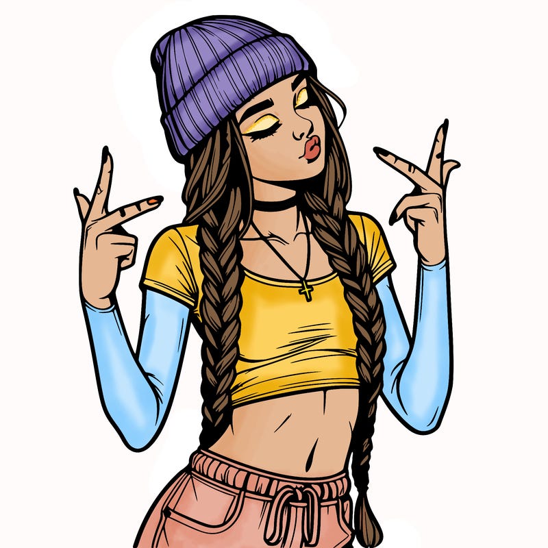 realistic teenage girl with braids and a beanie and crop top doing 🫶🏼