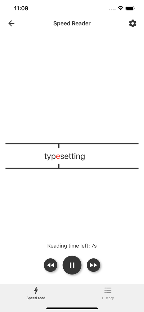 Speed Reader for Speed Reading - Interface of the Speed Reader app showing a single word displayed with a red focus letter between visual support lines and playback controls.