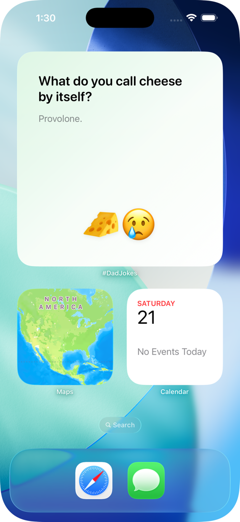 #DadJokes - iPhoneのホーム画面に、チーズのジョークが表示されたDad Jokesウィジェットが表示されています。