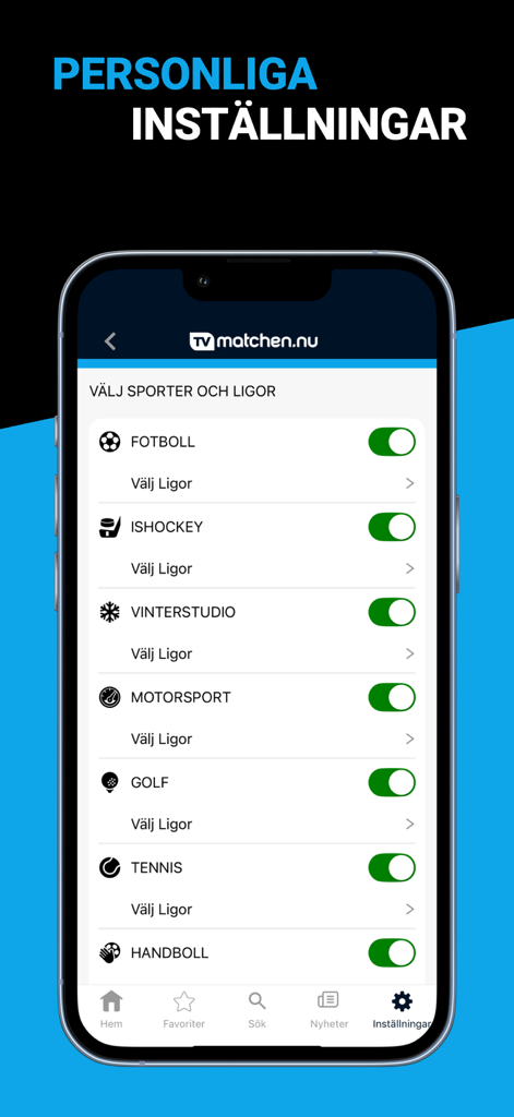 TVmatchen.nu - Sport på TV - Mobile app interface showing personal settings to select and customize favorite sports and leagues for the TV schedule.