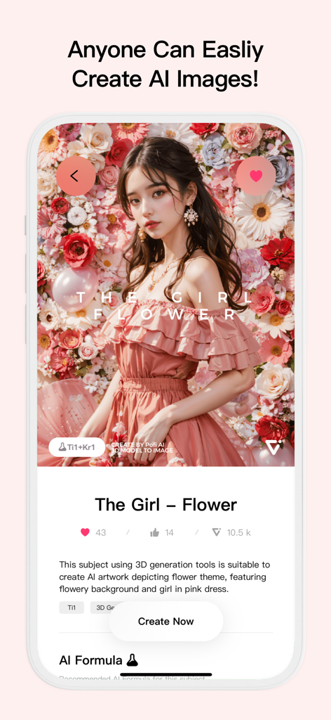Pofi AI - 3D AIGC Tool - A realistic AI portrait of a girl in a pink dress among flowers generated in the Pofi AI app