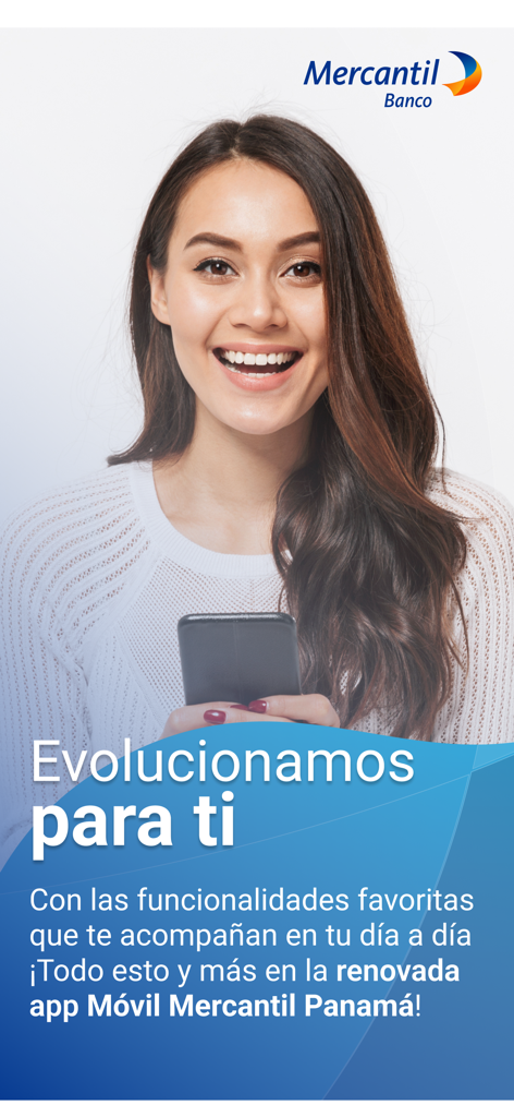 Mercantil Banco Panamá - Smiling woman holding a smartphone with Mercantil Banco Panama logo and promotional text