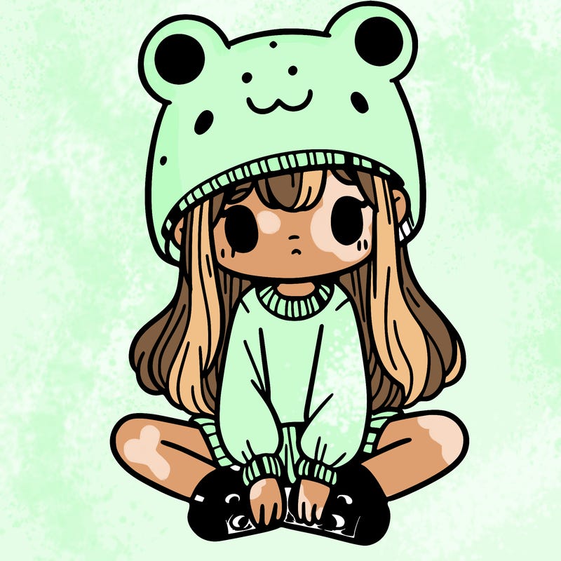 a girl wearing a frog hat and some frog socks