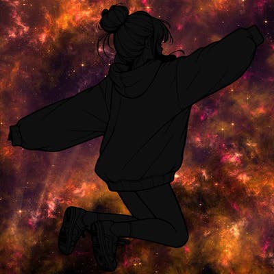 realistic girl jumping with a bun and oversized sweatshirt