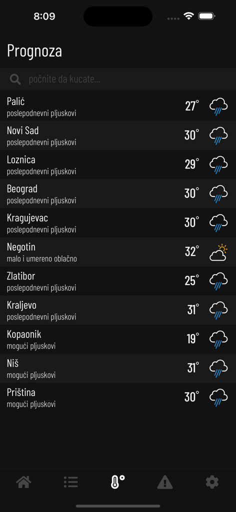 Vreme u Srbiji - Interface de l'application mobile montrant les prévisions météorologiques pour diverses villes serbes, y compris Belgrade et Novi Sad, en mode sombre