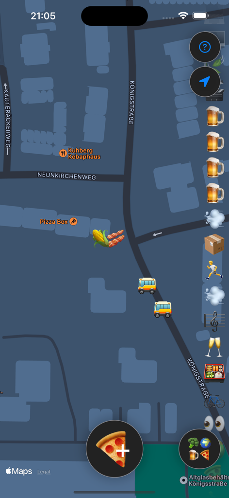 MapMoji - MapMoji app interface showing a dark themed street map decorated with various food and transport emojis