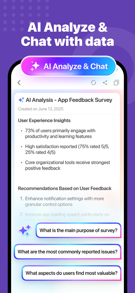 Forms for Google Docs - Pantalla de la aplicación móvil que muestra análisis de datos impulsados por IA e interfaz de chat para resultados de encuestas.
