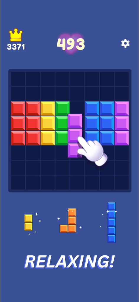 Block Puzzle Fun Game - Pantalla móvil mostrando un colorido juego de puzzles de bloques con una mano arrastrando una pieza y la palabra Relajante