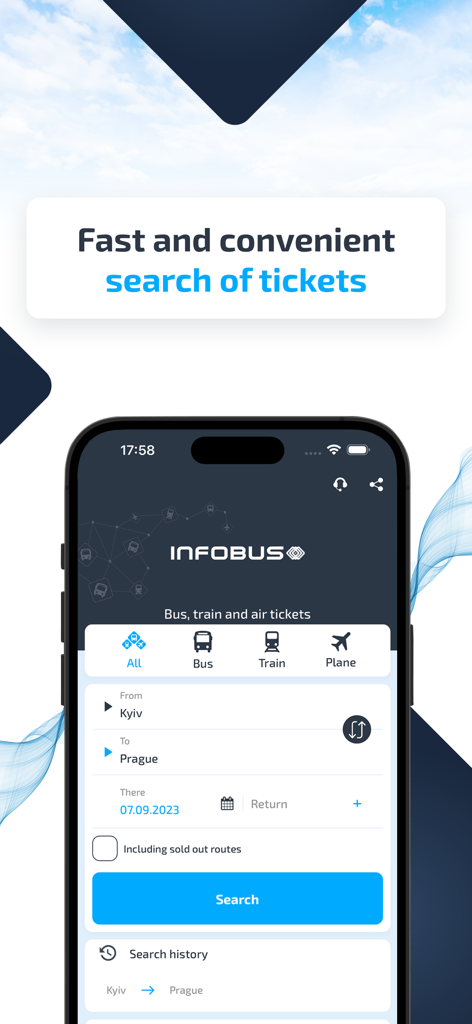 INFOBUS: Bus, train, flight - INFOBUSモバイルアプリのインターフェースには、バス、鉄道、航空券の検索と予約のオプションが表示されています