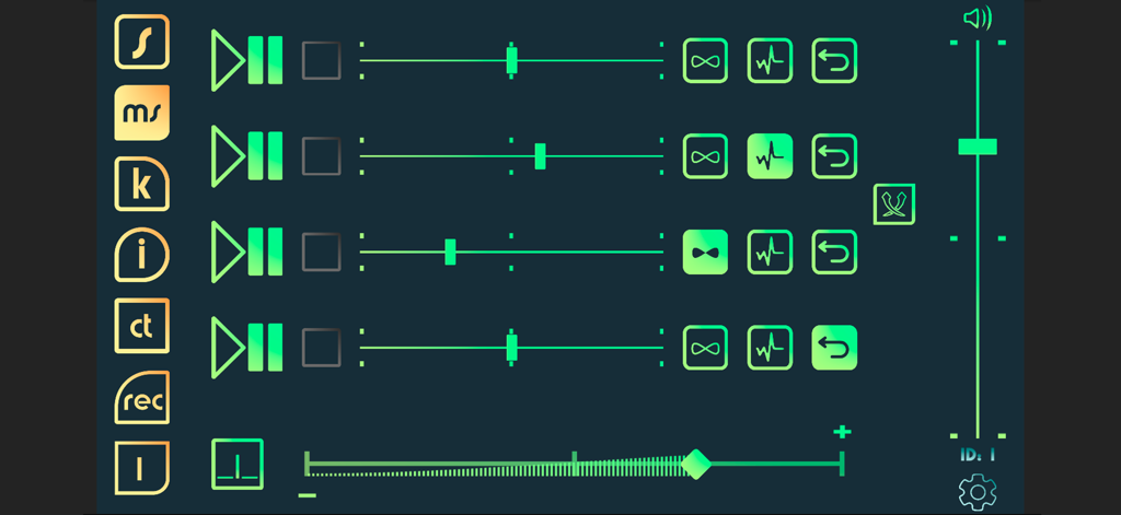 Aglaya Play Control App-Oberfläche mit neongrünen Audio-Wiedergabeschiebereglern und Bedienelementen