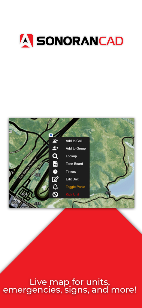 Sonoran CAD - Sonoran CAD mobile app showing a live map of Los Santos with a unit management menu for roleplay dispatch.