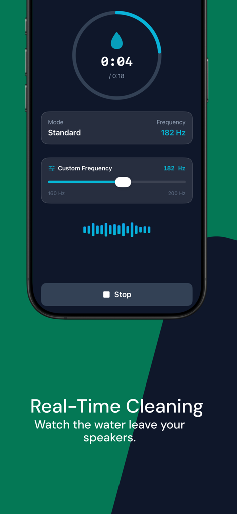 Clear Wave: Eject Water - Clear Waveアプリのインターフェース。リアルタイムの水排出進捗状況と周波数設定が表示されています。