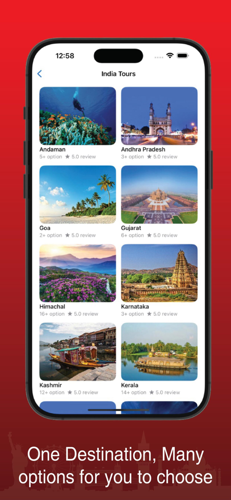 Kesari Tours - Kesari Tours app displaying various domestic India tour destinations and travel options