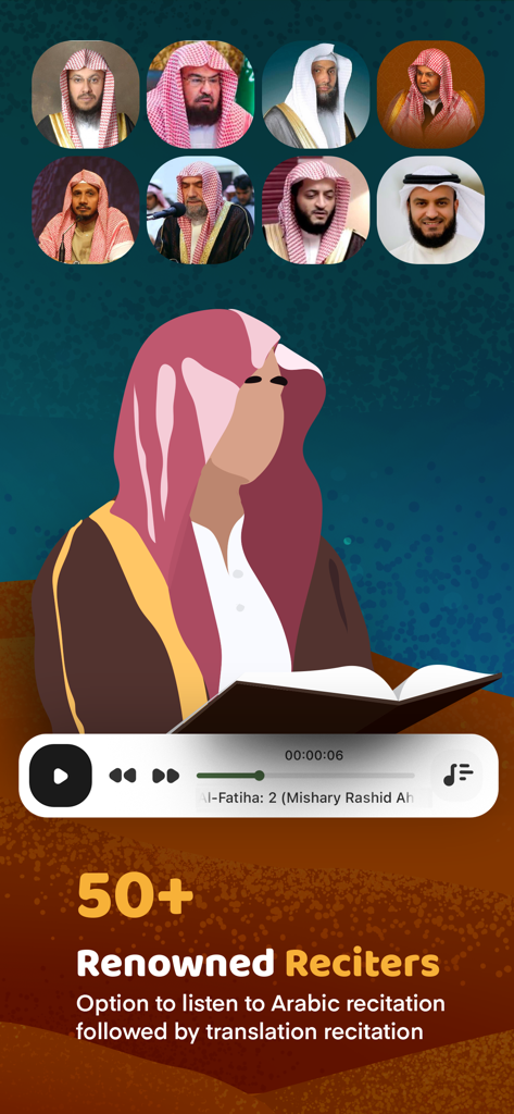 A mobile app screenshot showcasing over fifty world-famous Quran reciters with an integrated audio player for listening to Arabic and translated recitations