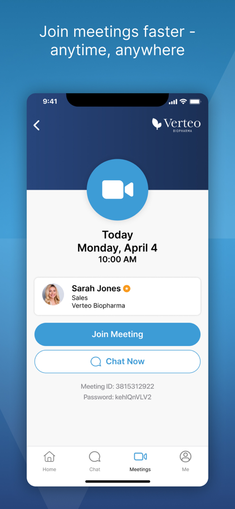 Interfaccia mobile di Veeva Engage che mostra una video riunione programmata con un rappresentante farmaceutico