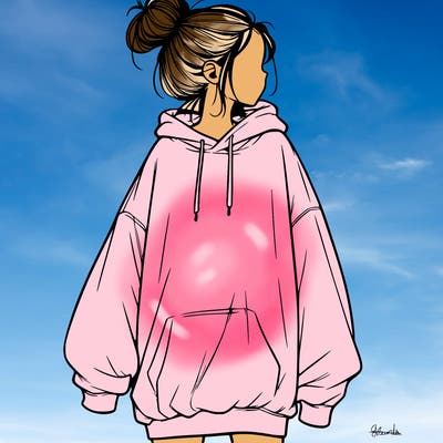 realistic girl with a oversized sweatshirt on and a bun
