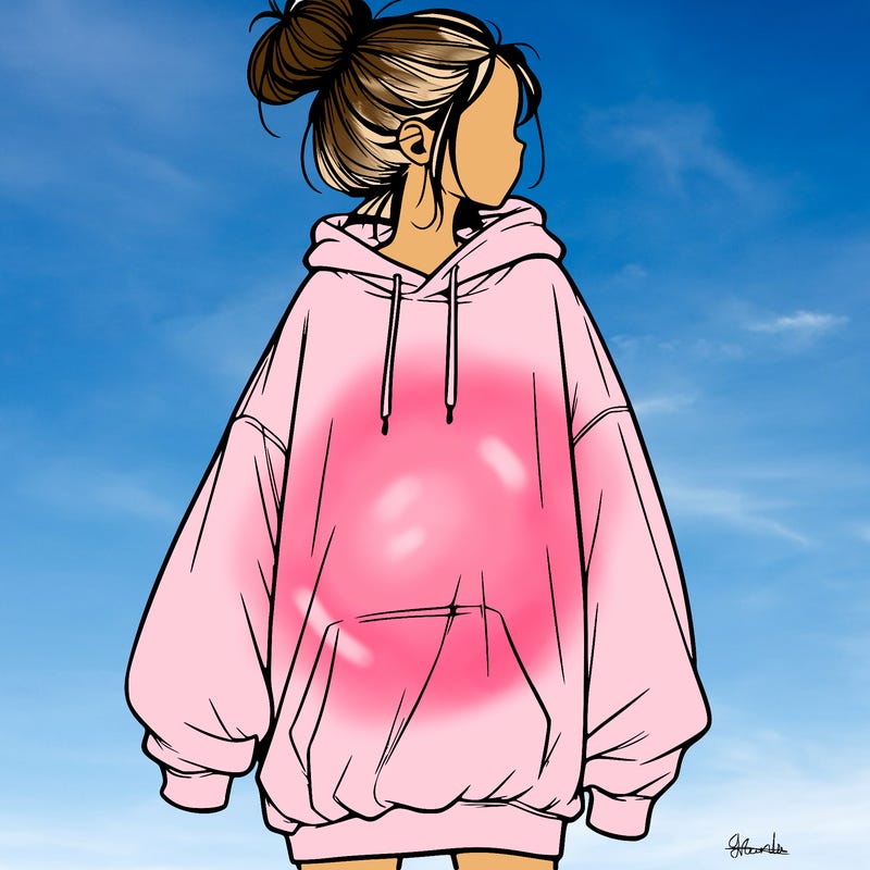 realistic girl with a oversized sweatshirt on and a bun