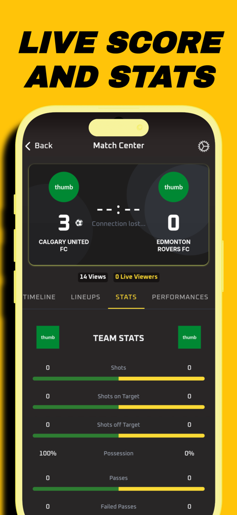 ScoreMyGoal - Football Scoring - ScoreMyGoal app Match Center displaying live soccer match scores and team statistics